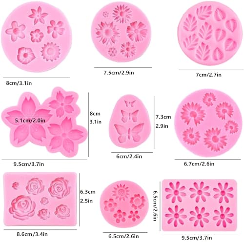 AMBESTEE Flower Silicone Molds,9pcs Rose Leaf Daisy Sunflower Chrysanthemum Small Flowers Fondant Molds Polymer Clay Mould Candy Chocolate Molds for Cupcake Cake Pop Puck Decoration DIY Crafts - Image 2