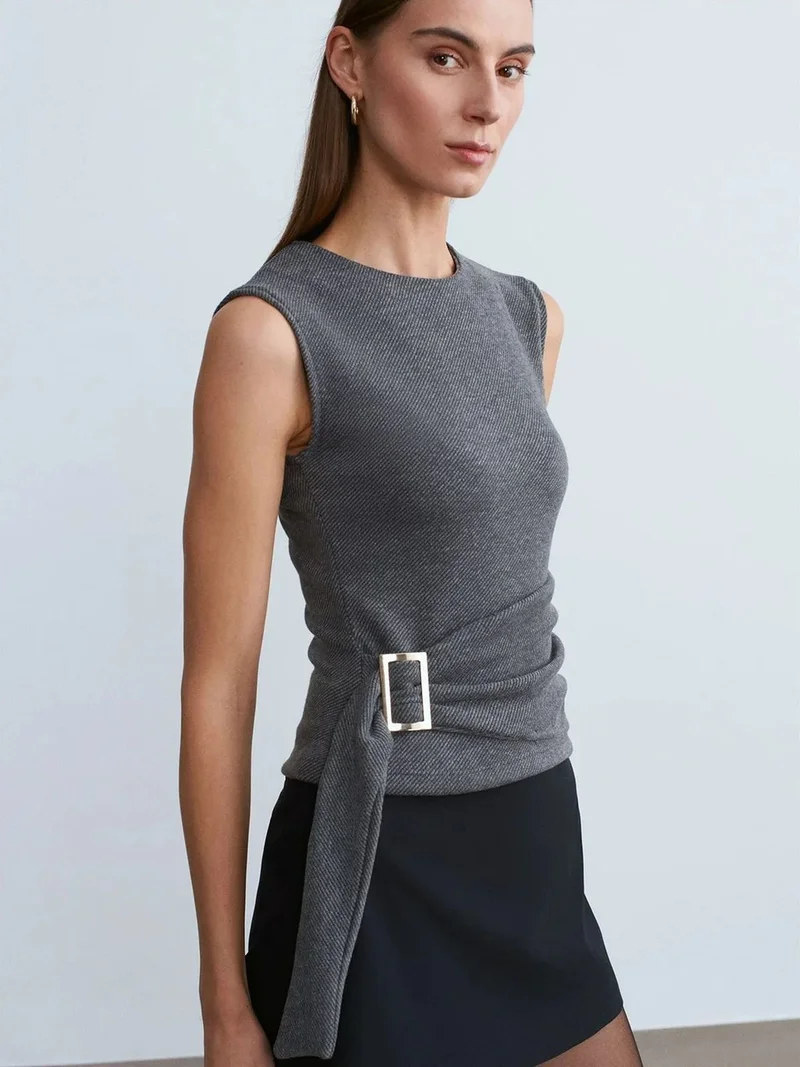 ديلفين Dilvin Belted Ribbed Sleeveless Blouse