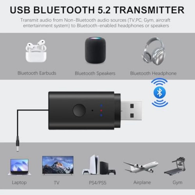 USB Bluetooth 5.2 Transmitter for 2 Wireless Headphones, Low Latency Wireless Audio Adapter compatible with TV, PC, for PS4, for Airplane and Gym Equipment using 3.5mm Jack Connection - Image 5