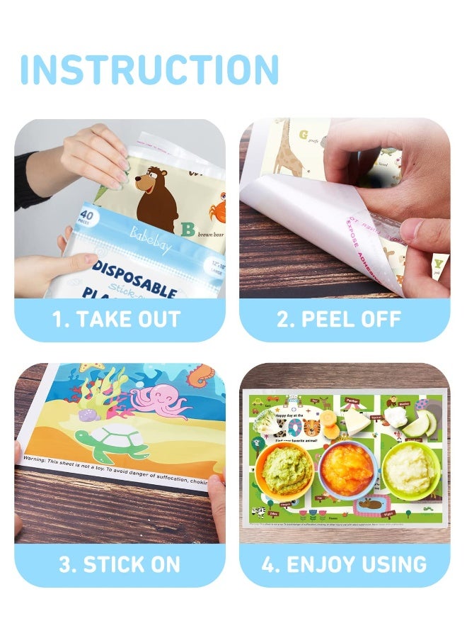 Babebay Disposable Placemats for Baby, 40 Pack Sticky Toddler Placemat for Restaurants, Dining Table, Party, Travel, 12" x 18" with 3 Designs - Image 4