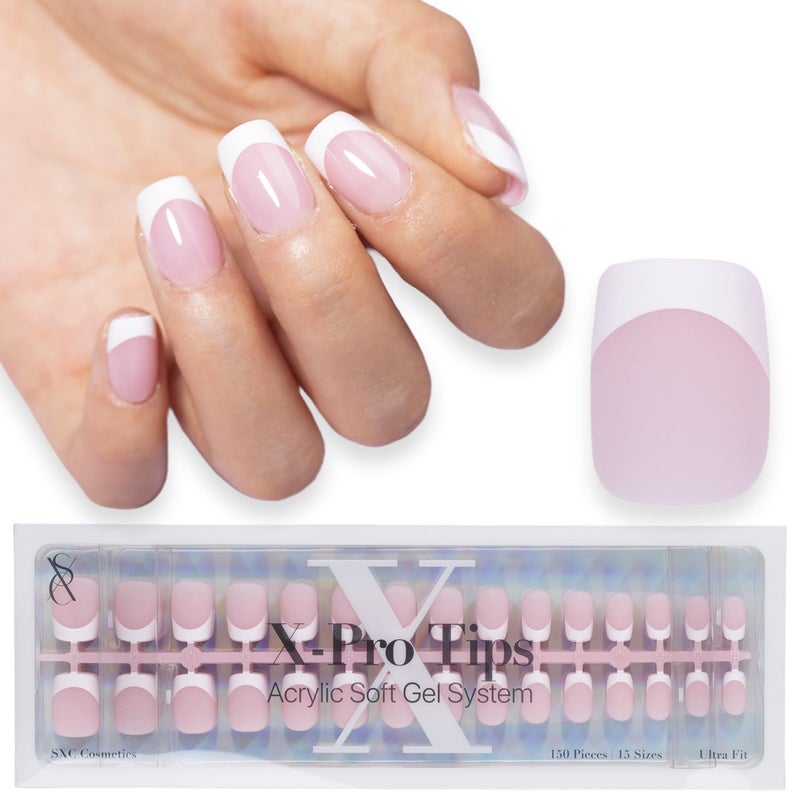 SXC Cosmetics French Tip Press On Nails Pink Extra Short Square 150 Pieces in 15 Sizes Ultra Fit with Pre-applied Tip Primer and Base Coat, No Need to File Fake Nails for Nail Art DIY X-Pro Tips - Image 1