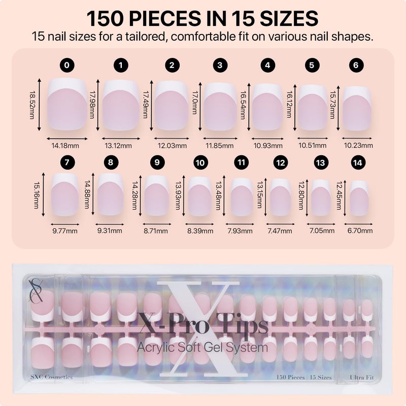 SXC Cosmetics French Tip Press On Nails Pink Extra Short Square 150 Pieces in 15 Sizes Ultra Fit with Pre-applied Tip Primer and Base Coat, No Need to File Fake Nails for Nail Art DIY X-Pro Tips - Image 5
