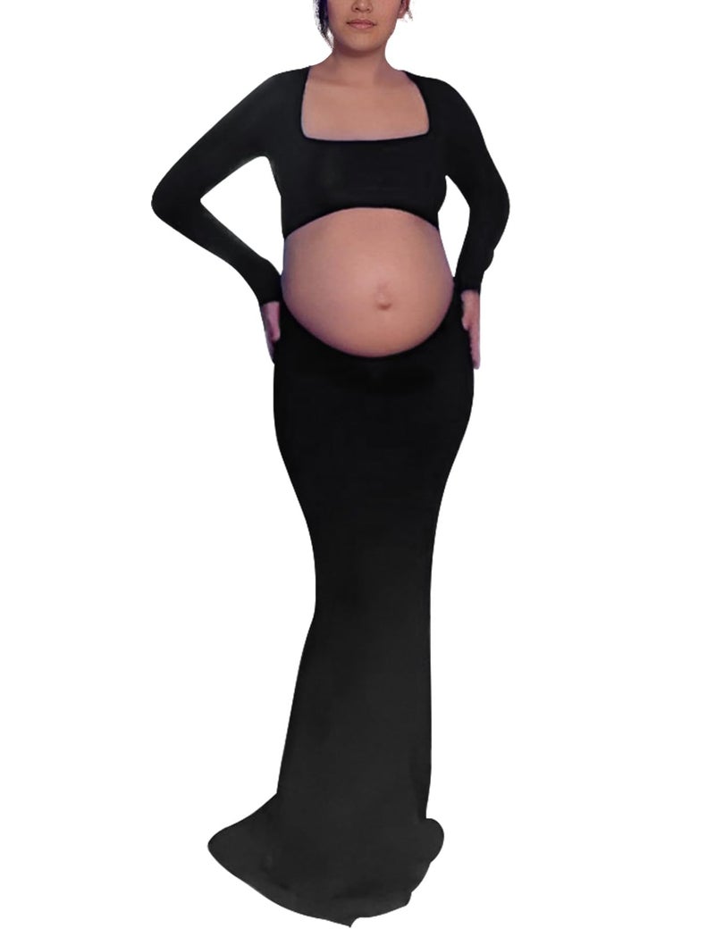 Bhome Maternity Photoshoot Dress Long Sleeve Sexy Cut-Out Backless Maternity Maxi Gown Photography Outfits Black L - Image 1