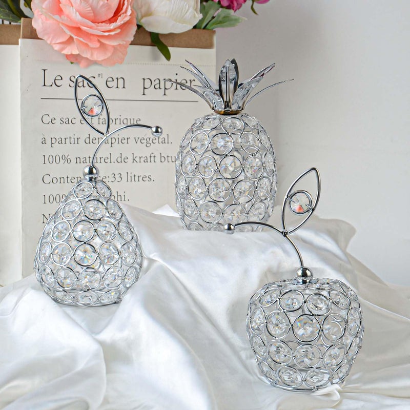 kehail Set of 3 Crystal Metal Pineapple Pear Table Centerpiece Handmade Crystal Candlestick Hollow Fruit Ornament Home Party Wedding Holiday Bar Decoration (Silver, Set of 3) - Image 2