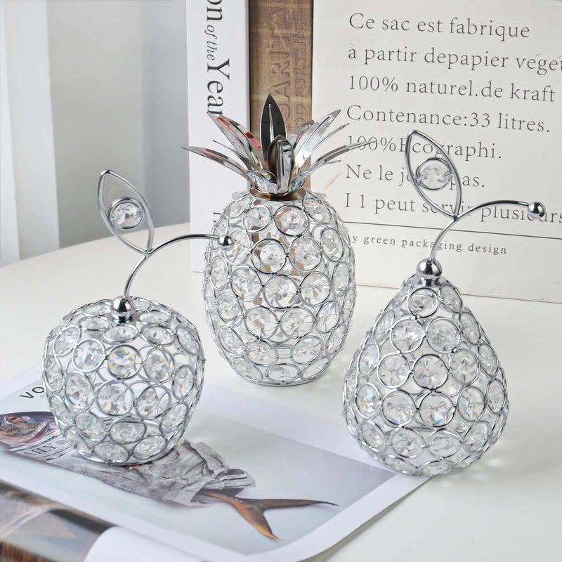 kehail Set of 3 Crystal Metal Pineapple Pear Table Centerpiece Handmade Crystal Candlestick Hollow Fruit Ornament Home Party Wedding Holiday Bar Decoration (Silver, Set of 3) - Image 3