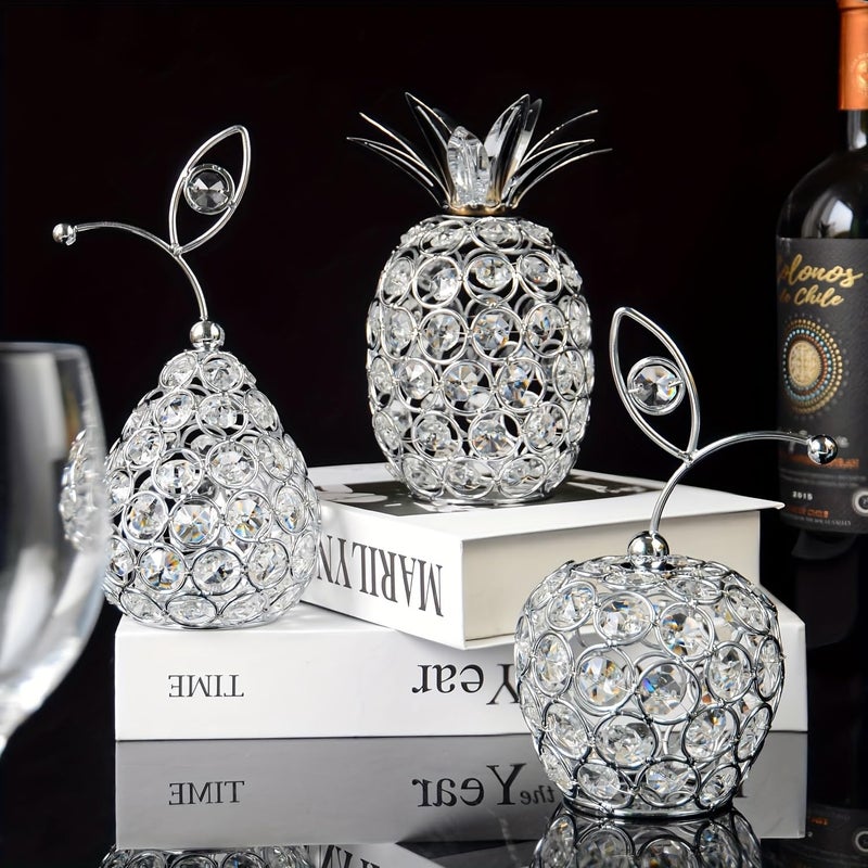 kehail Set of 3 Crystal Metal Pineapple Pear Table Centerpiece Handmade Crystal Candlestick Hollow Fruit Ornament Home Party Wedding Holiday Bar Decoration (Silver, Set of 3) - Image 1
