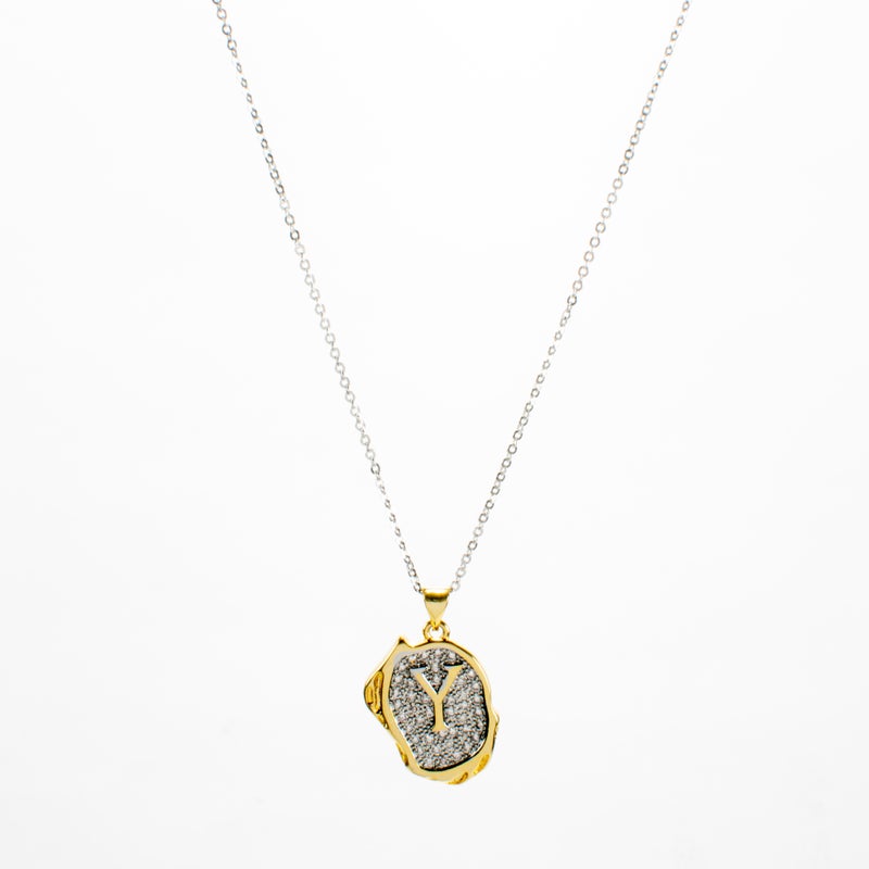 Two Tone Zirconic Stainless Steel Pendant Necklace Letter Y - Image 1