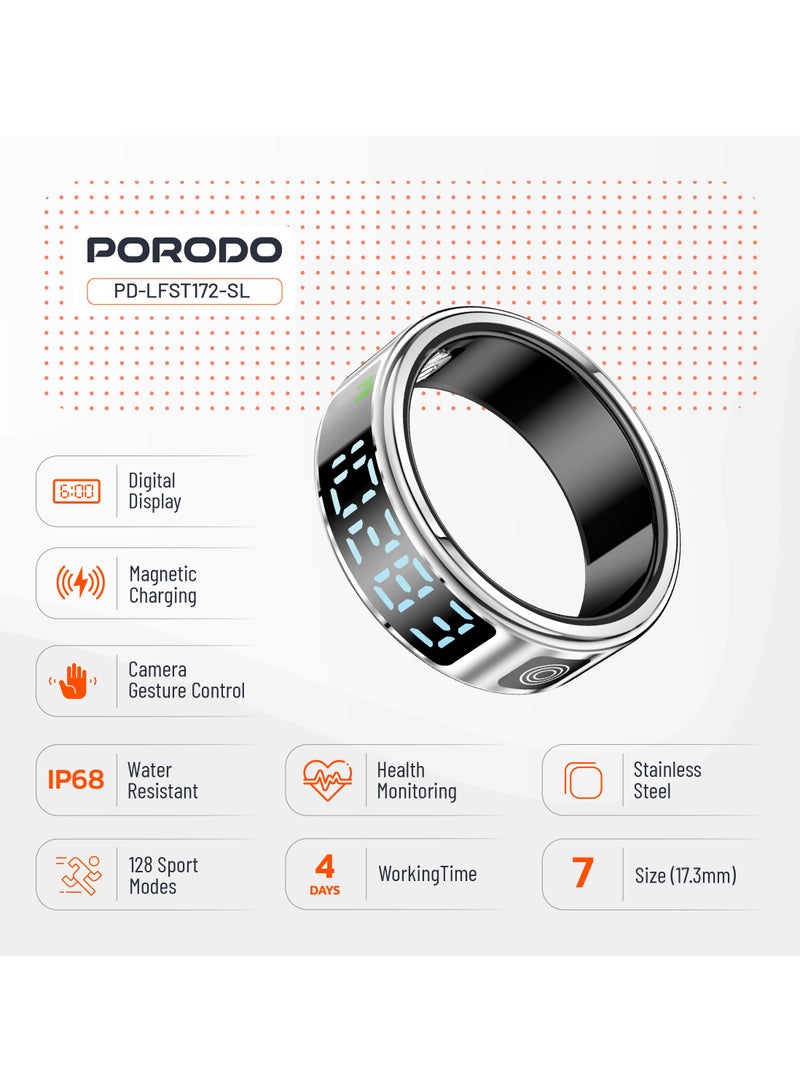 porodo FitSync Smart Ring with Digital Display and Touch Scroll Function / Number 7 Ring Size (17.3mm Diameter) / IP68 Water Resistant / Health Monitoring - Silver  - Image 2