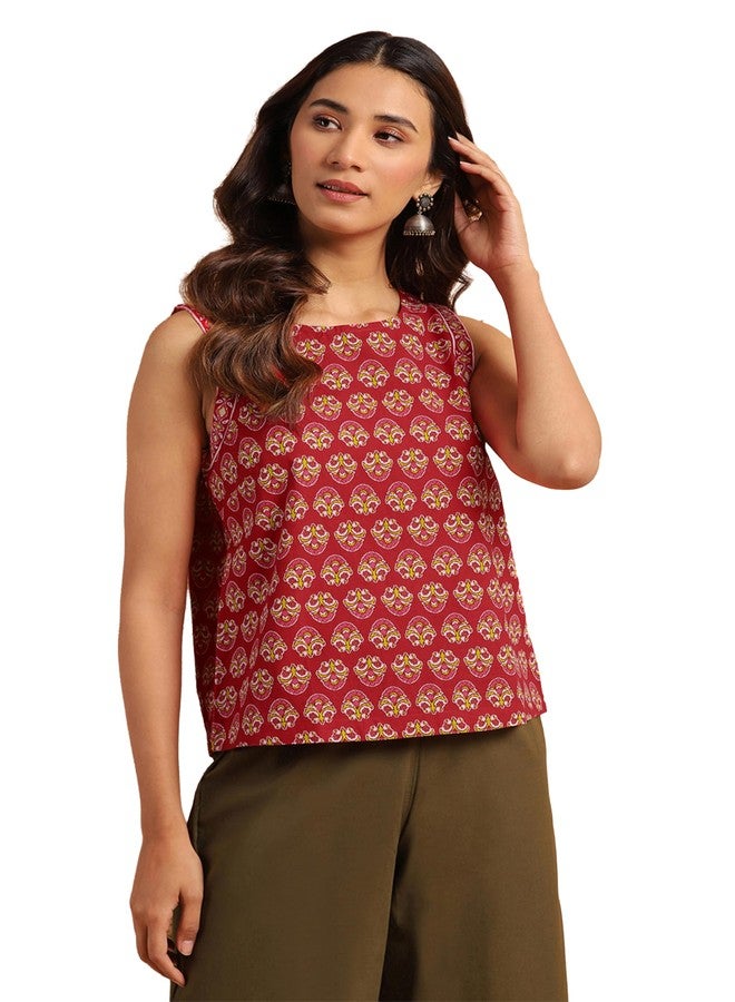 Janasya Women's Red Pure Cotton Floral Printed Top (JNE3645-TP-N-XL) - Image 1