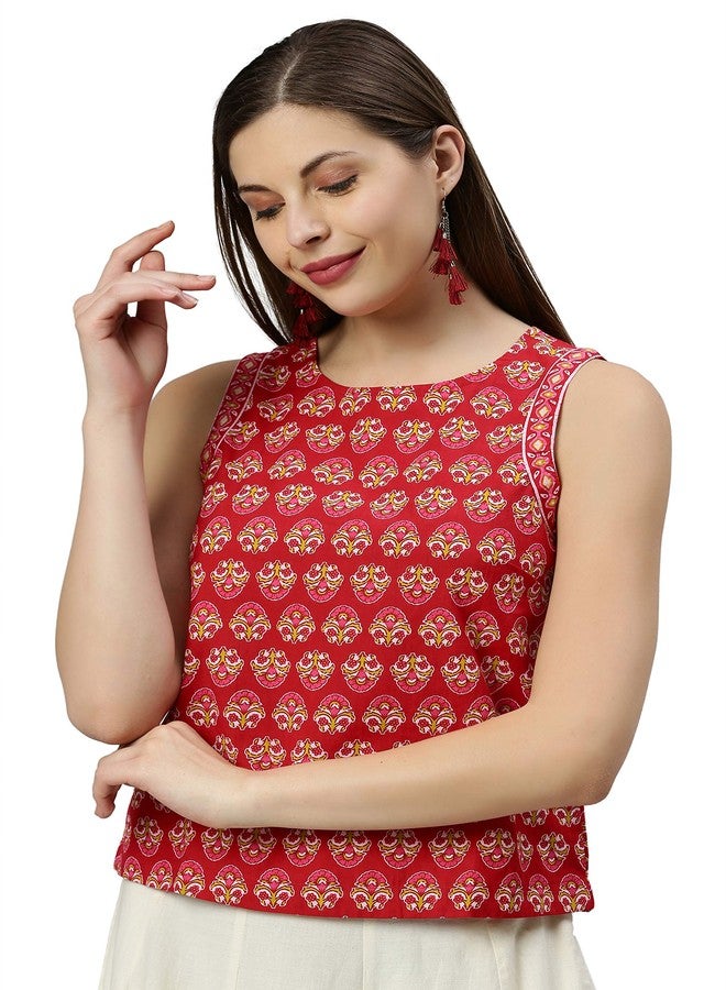 Janasya Women's Red Pure Cotton Floral Printed Top (JNE3645-TP-N-XL) - Image 3