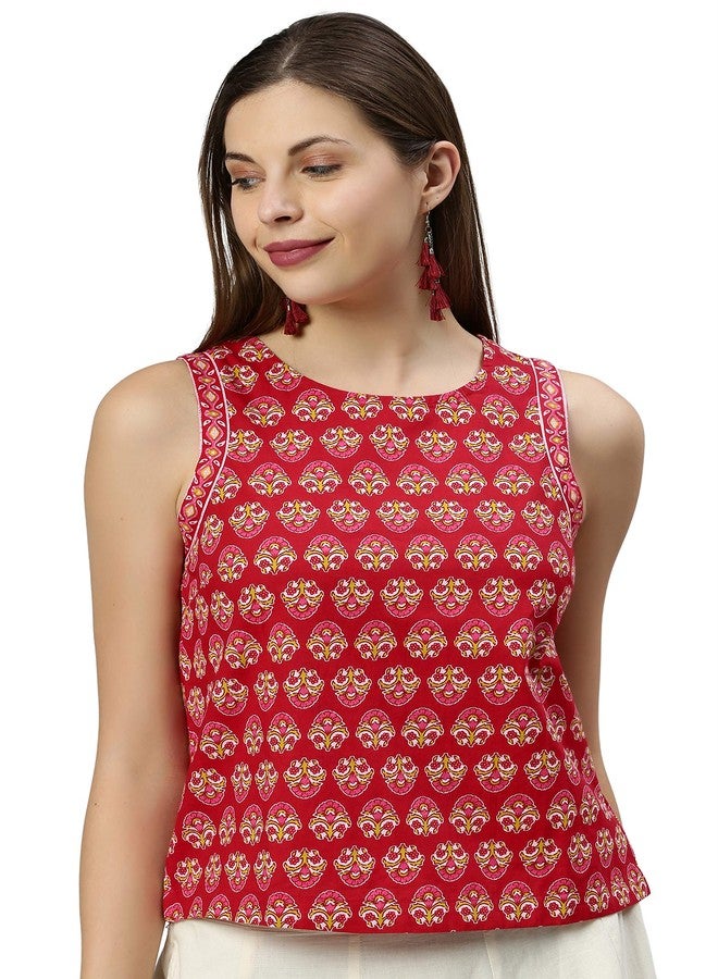 Janasya Women's Red Pure Cotton Floral Printed Top (JNE3645-TP-N-XL) - Image 2