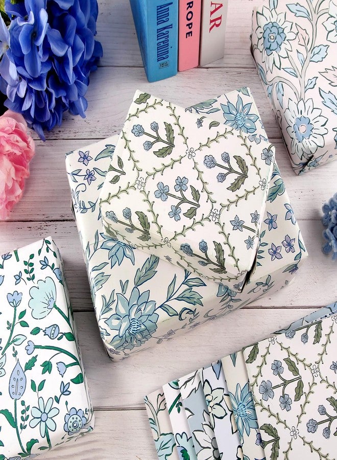 Quera 12 Sheet Blue Wrapping Paper Vintage Floral Gift Wrap Paper Bulk Greenery Art Paper for Birthday Wedding Baby Shower DIY Crafts Gift Packing, 19.7 x 27.6 inch - Image 4