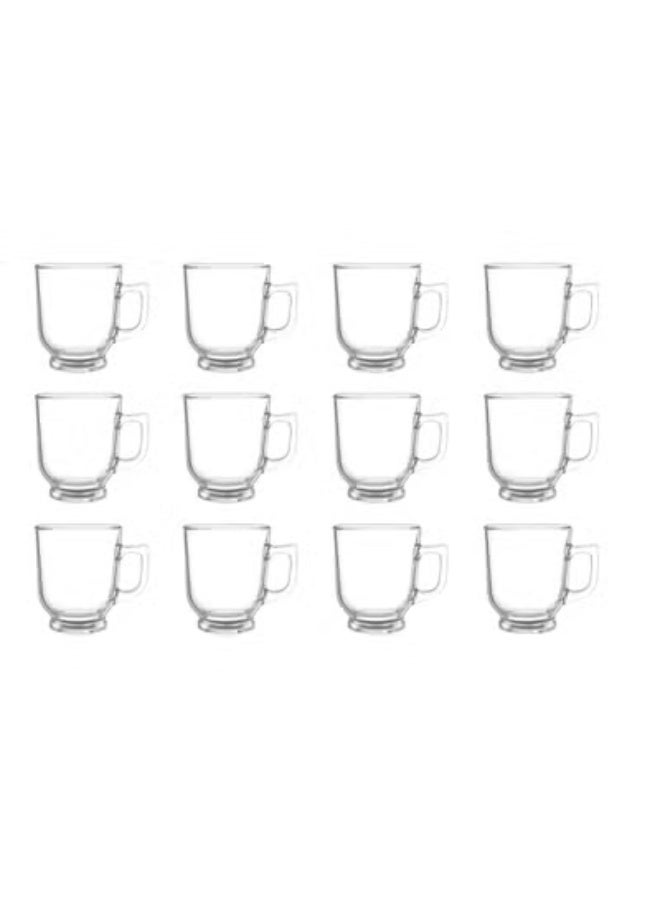 Set of 12 plain glass tea/coffee mugs with textured base and handle, durable transparent glass, elegant and practical design for daily home or office use - Image 1