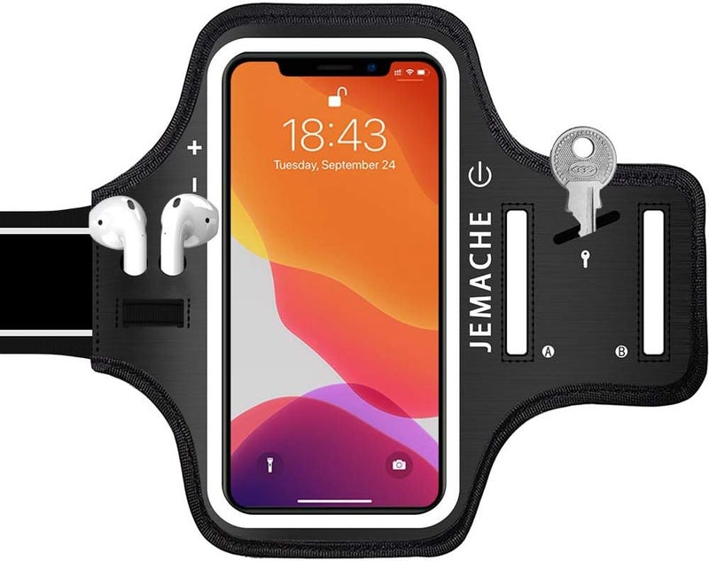 JEMACHE iPhone 17 16 15 Armband with Earphone Holder, Water Resistant Gym Running Workouts Arm Band for iPhone 17 16 15 14 13 12 Pro (Black) - Image 1