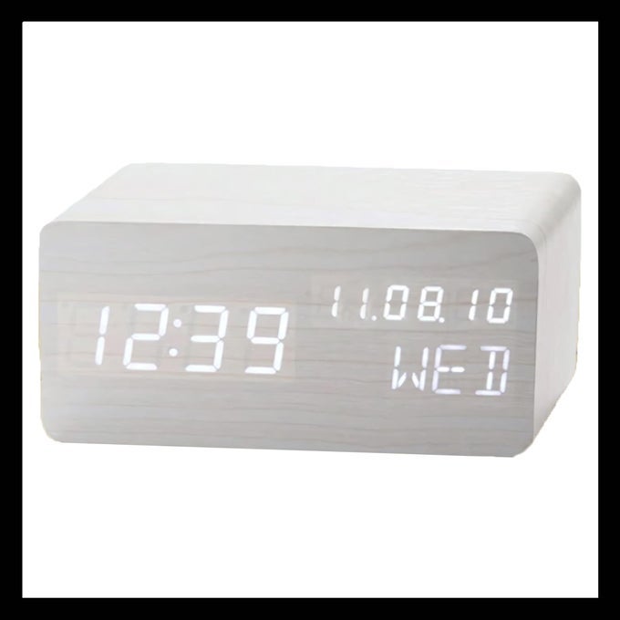WOOD DIGITAL ALARM CLOCK DESK TIME DATEMMDDYY DAY OF THE WEEK TEMPERATURE NIGHTLIGHT LARGE LED DISPLAY PORTABLE LAMP BEDROOM OFFICE SCHOOL HOME LIVINGROOM ROOM WHITE