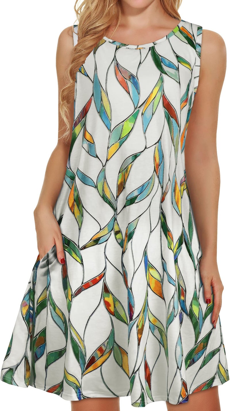 elescat Sundresses for Women Summer Beach Flowy Sleeveless Pockets Casual Loose Tshirt Dress(White Leaf Stripes, L) - Image 1