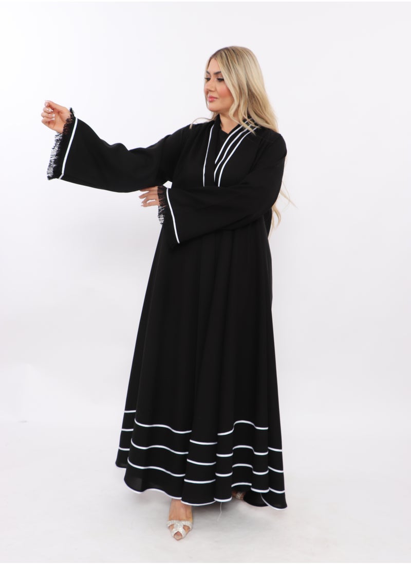 MyesuQ - Black abaya with black sleeves and white vertical slits at the collar and horizontal slits at the bottom. - Image 1