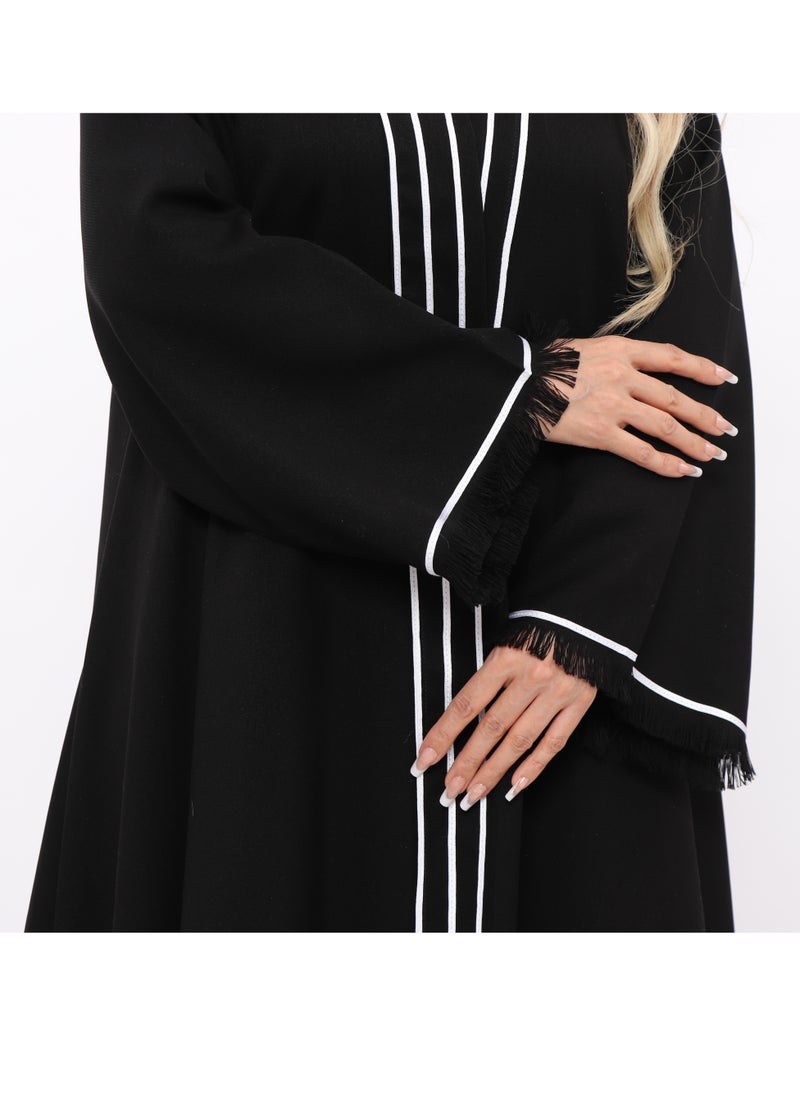 MyesuQ - Black abaya with black sleeves and white vertical slits at the collar and horizontal slits at the bottom. - Image 1