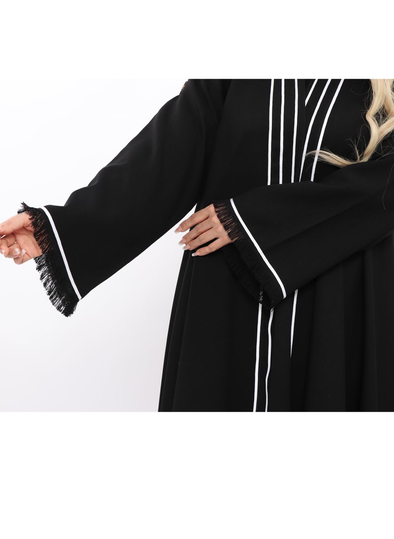 MyesuQ - Black abaya with black sleeves and white vertical slits at the collar and horizontal slits at the bottom. - Image 1