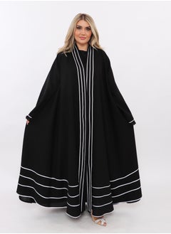 Black abaya with black sleeves and white vertical slits at the collar and horizontal slits at the bottom.