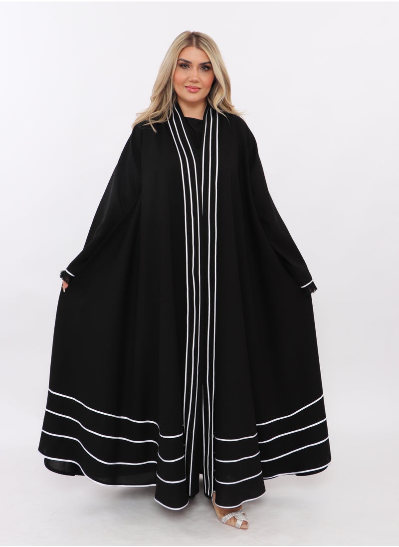 MyesuQ - Black abaya with black sleeves and white vertical slits at the collar and horizontal slits at the bottom. - Image 1