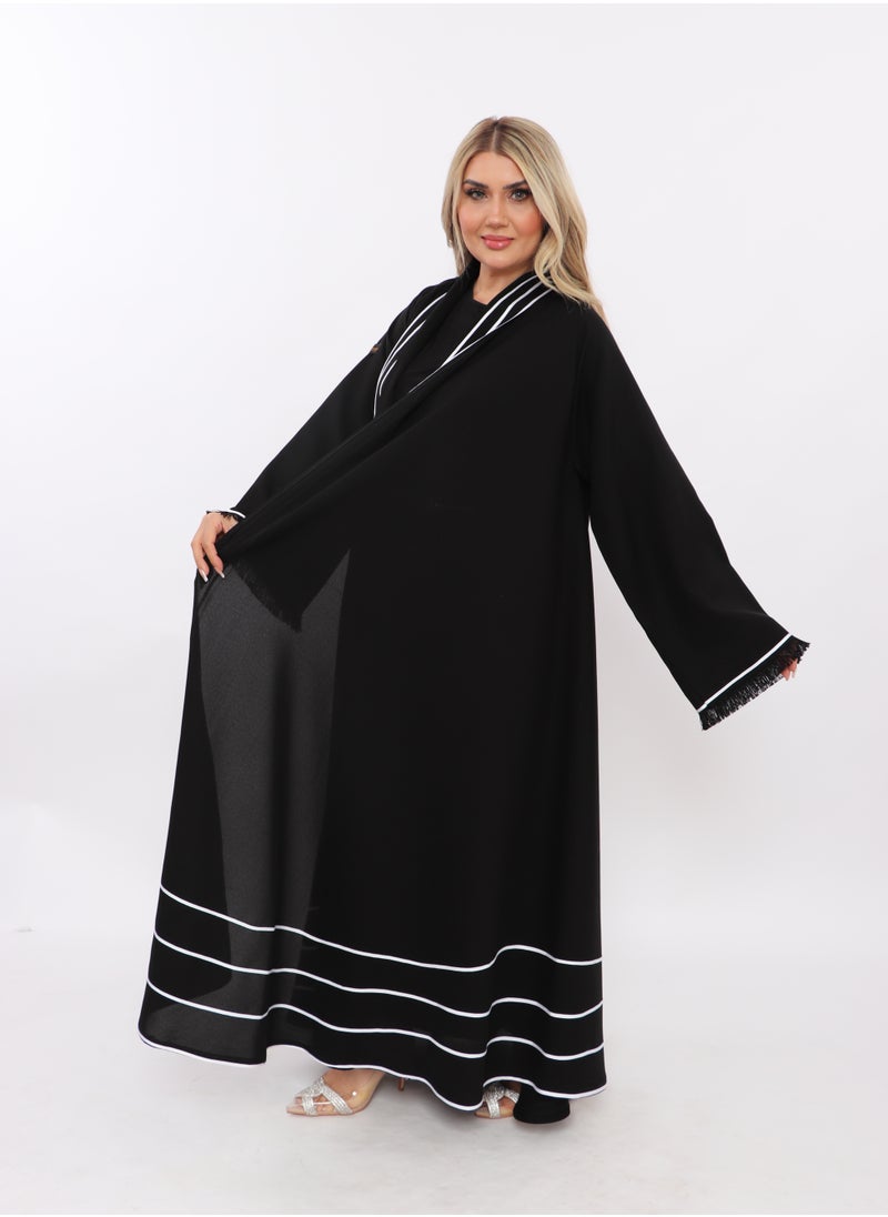 MyesuQ - Black abaya with black sleeves and white vertical slits at the collar and horizontal slits at the bottom. - Image 1