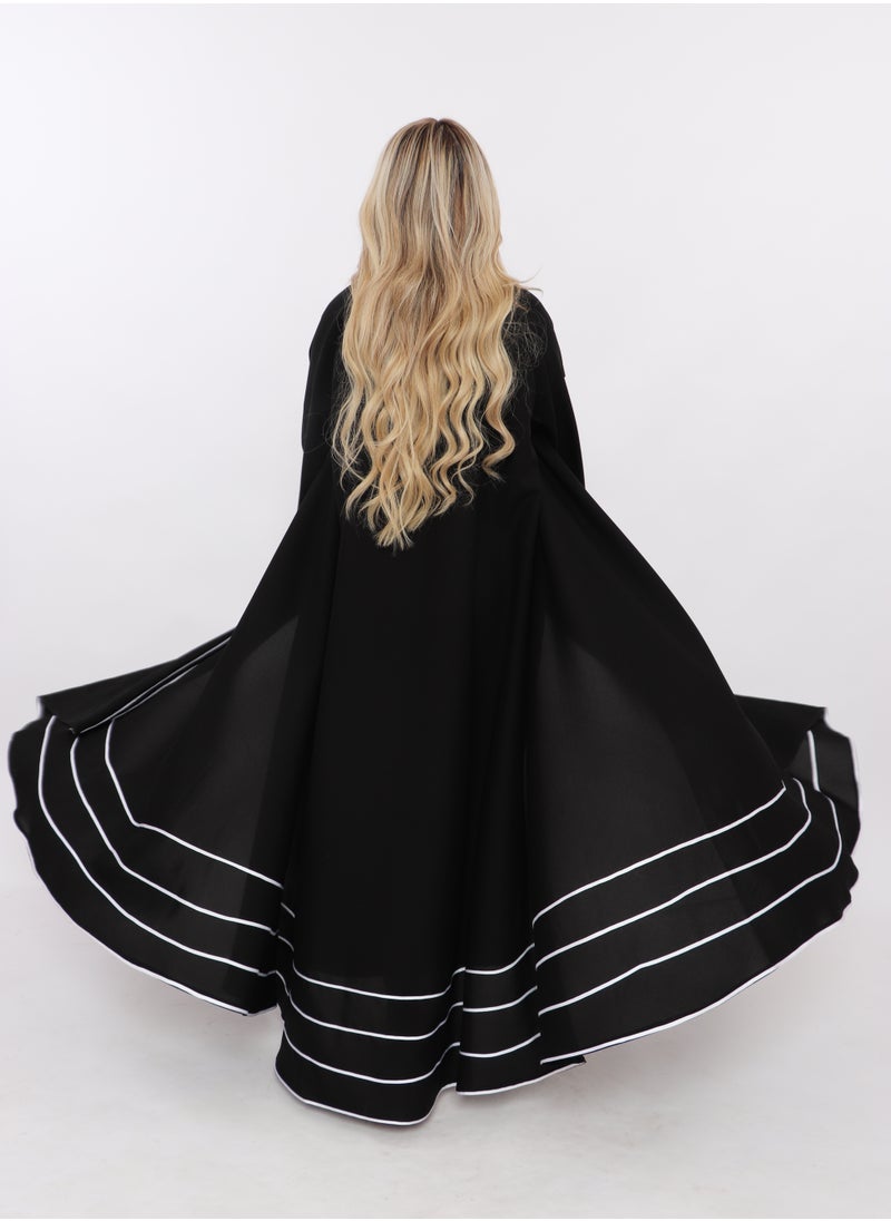 MyesuQ - Black abaya with black sleeves and white vertical slits at the collar and horizontal slits at the bottom. - Image 1
