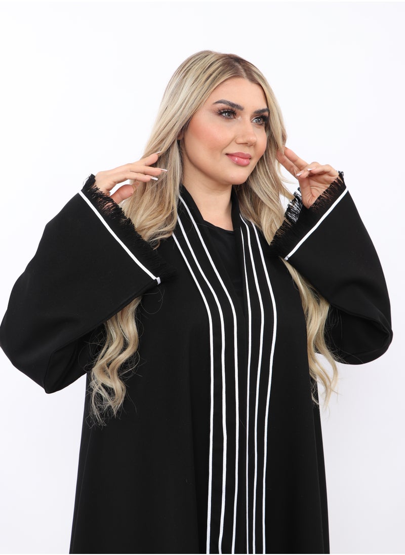 MyesuQ - Black abaya with black sleeves and white vertical slits at the collar and horizontal slits at the bottom. - Image 1