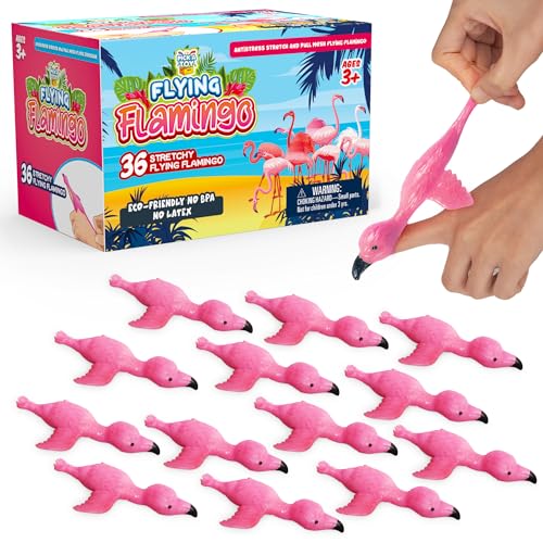 PICK A TOY 36 Pcs Flamingo Party Favors Toys for Kids Bird Shooter Game Finger Flingers Tropical Themed Decorations Kids Prizes Flying Rubber Chickens Slingshot Easter Egg Filler - Image 1