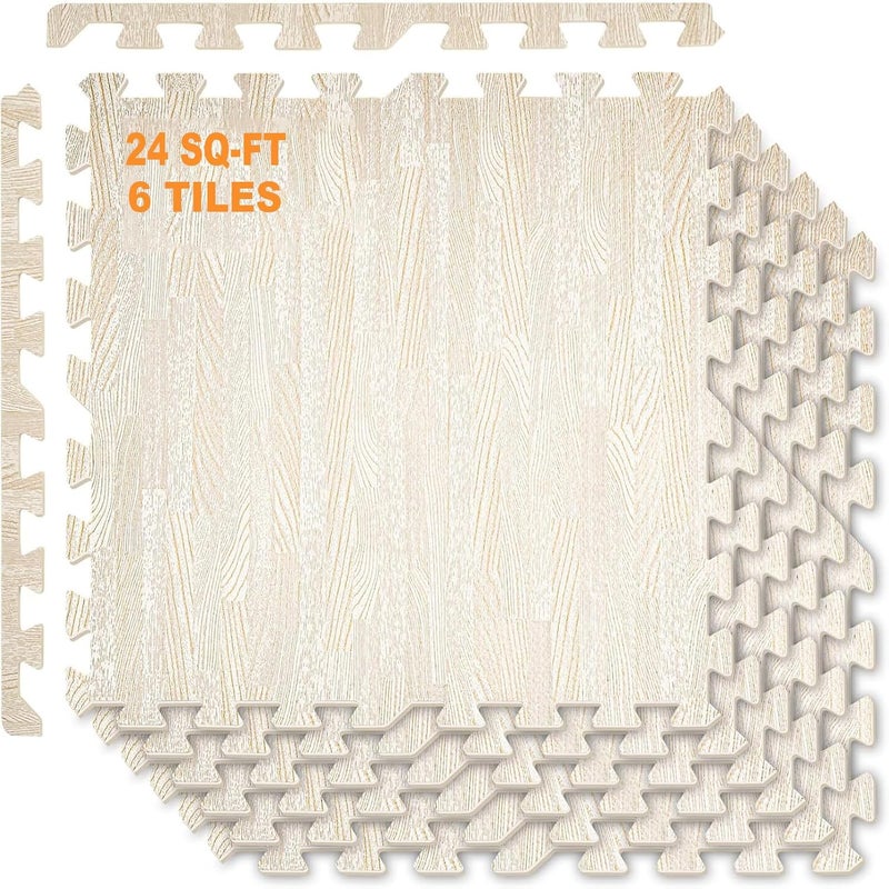 حصيرة تمارين الألغاز UNIFACE، 6 قطع من بلاط الأرضيات الخشبية، حصيرة رغوية EVA متشابكة، 24 × 24 بوصة، حصائر أرضية واقية متشابكة لمعدات التمارين المنزلية، توسيد الأرضية (24*24 بوصة - 6 قطع) - Image 1