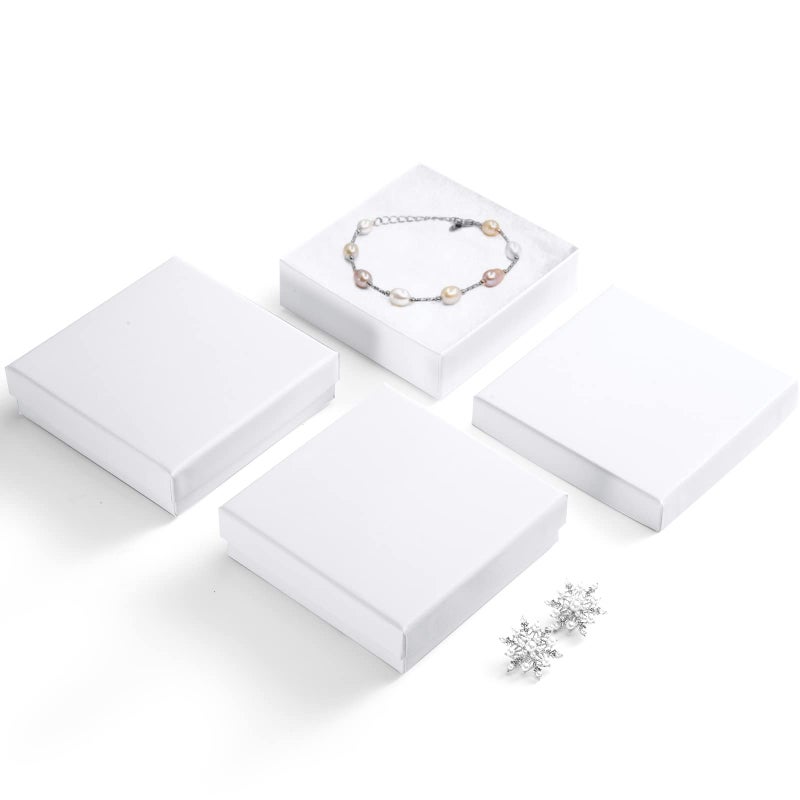 MESHA Cardboard Glossy Jewelry Gift Boxes Cotton Filled Jewlery Box with Lids White 35x35x1 Inch Necklace Ring Bracelet Earring DisplayBox Bulk Square Small Kraft Jewelry Gift Box 96 Pieces