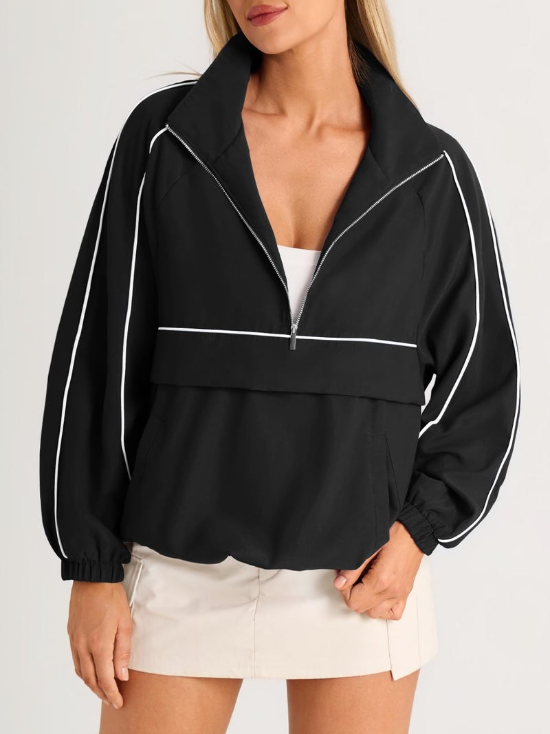 Fisoew Quarter Zip Pullover Women Lightweight Windbreaker Jacket Running Hiking Outdoor Pullover with Pocket - Image 2
