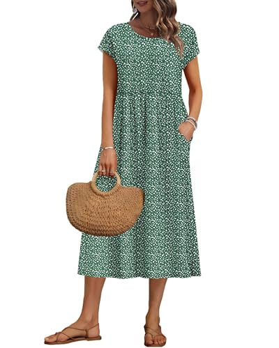 AUSELILY Women's Summer Casual Dresses Crew Neck Loose Short Sleeve Midi Dress with Pockets 2026 New,Deep Green Pattern,XL - Image 1