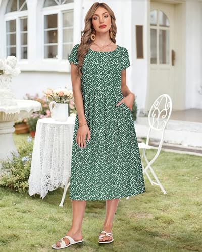 AUSELILY Women's Summer Casual Dresses Crew Neck Loose Short Sleeve Midi Dress with Pockets 2026 New,Deep Green Pattern,XL - Image 3