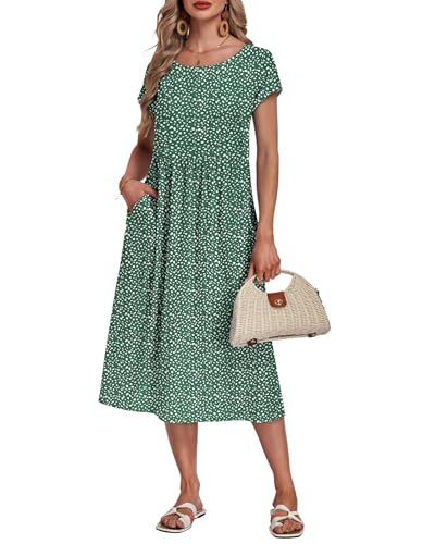 AUSELILY Women's Summer Casual Dresses Crew Neck Loose Short Sleeve Midi Dress with Pockets 2026 New,Deep Green Pattern,XL - Image 2