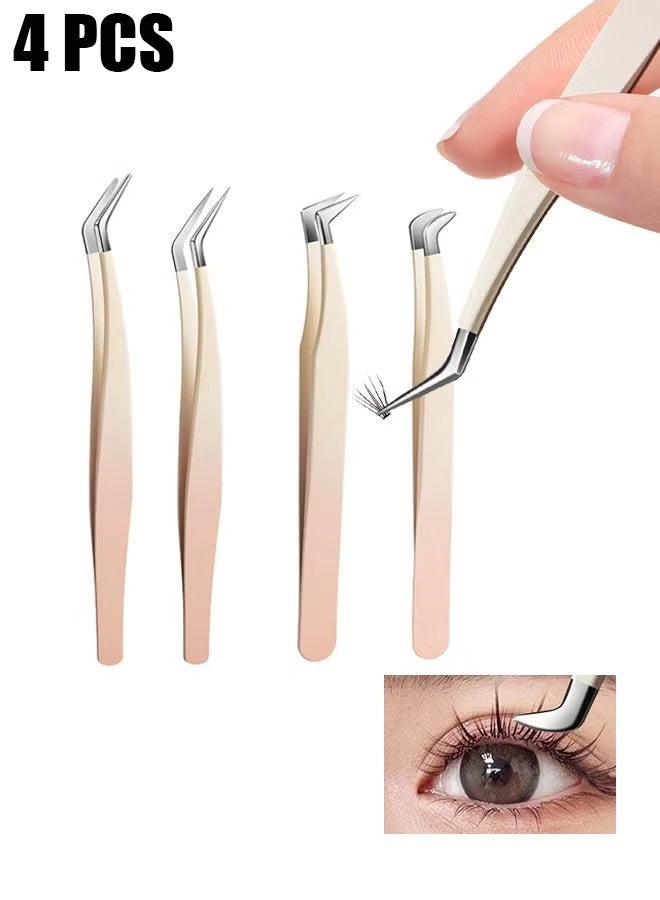 اتش واي مجموعة من 4 ملاقط رموش مستقيمة لوصلات الرموش - ملاقط مدببة ، مضادة للصدأ ، مستلزمات رموش عزلة من الفولاذ المقاوم للصدأ - Image 1