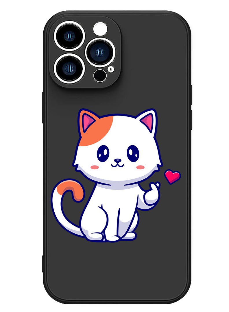 Theodor Protective Slim Fit Case Liquid Silicone Cover with Full Body Protection Anti-Scratch Shockproof Case For iPhone 15 Pro Max Black - Cat love - Image 1