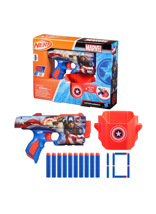 نيرف Nerf Marvel Captain America Dart Blaster, 10 Nerf Elite Darts, Holster, Toy Foam Blasters for 8 Year Old Boys &amp; Girls &amp; Up