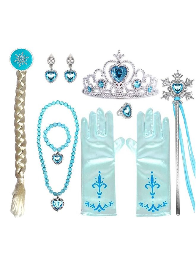 8PCS Princess Elsa Play Accessories Set, Princess Dress Accessories Jewelry Toys, Elsa Crown Wig Necklace Bracelet Earrings Rings and Wand for cosplay, Party, Birthday, Gift, Suitable for Girls  - Image 1