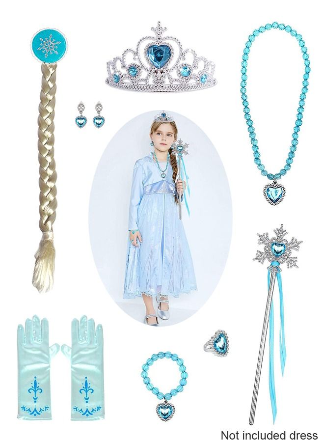 8PCS Princess Elsa Play Accessories Set, Princess Dress Accessories Jewelry Toys, Elsa Crown Wig Necklace Bracelet Earrings Rings and Wand for cosplay, Party, Birthday, Gift, Suitable for Girls  - Image 2