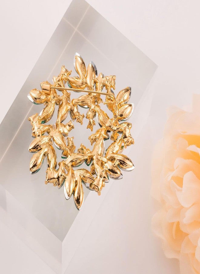 LAXPICOL Fashion Sparkly Green Austrian Crystal Flower Brooch Pin for Women Gold Tone Elegant Wedding Bridal Broach Pin 2"*2" - Image 3