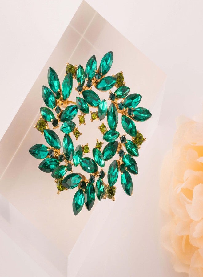 LAXPICOL Fashion Sparkly Green Austrian Crystal Flower Brooch Pin for Women Gold Tone Elegant Wedding Bridal Broach Pin 2"*2" - Image 2