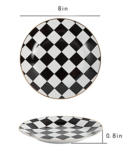 RockTrend Retro Black and White Checkerboard Gold Edge Ceramic Dinner Plate Dessert Plate Salad Plate-Set of 2 - Image 2