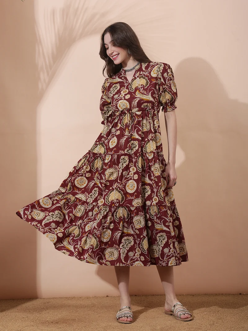 جلو باص Globus Women Maroon Allover Floral Printed Mandarin Collar Puff Sleeves Waist Tie-Ups Tiered A-Line Midi Dress