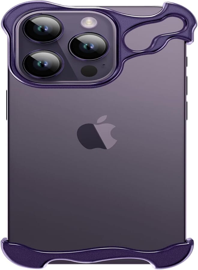Next Store Special-Shaped Metal Corner Pad Anti-Fall Phone Case Compatible For iPhone, Borderless Slim No Back Bumper with Camera Cover Bumper Phone Case Compatible For iPhone 15 Pro Max (Purple)