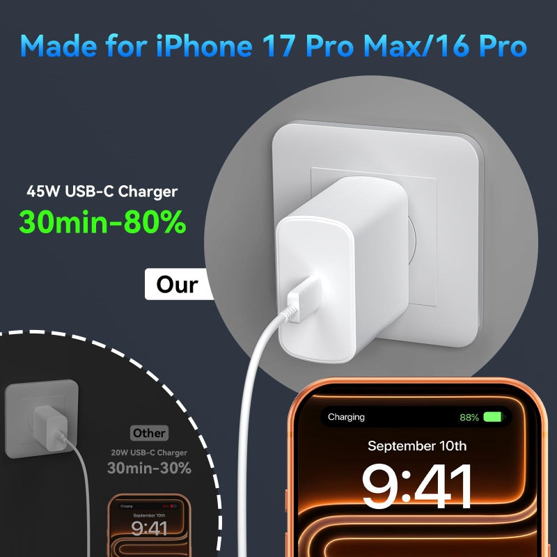 Auorld 45W USB C Super Fast Charger for iPhone 17 16 15Pro Max, 45 Watt Type C Charger Block with 10FT Nylon Braided Charging Cable for 17 16 Pro Max/17 16 Pro/16 Plus,15 Pro Max/15 Pro/15, Android Phone - Image 4