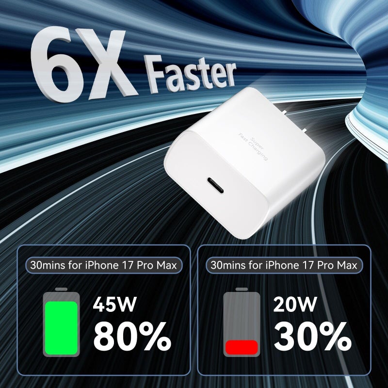 Auorld 45W USB C Super Fast Charger for iPhone 17 16 15Pro Max, 45 Watt Type C Charger Block with 10FT Nylon Braided Charging Cable for 17 16 Pro Max/17 16 Pro/16 Plus,15 Pro Max/15 Pro/15, Android Phone - Image 3