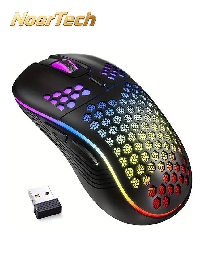 NoorTech Wireless Mouse - Wireless Gaming Mouse Rechargeable PC Mouse with RGB Backlight 6 Buttons Adjustable Lightweight Honeycomb Shell for Laptops PC Computers Etc (Wireless Black) - Image 1