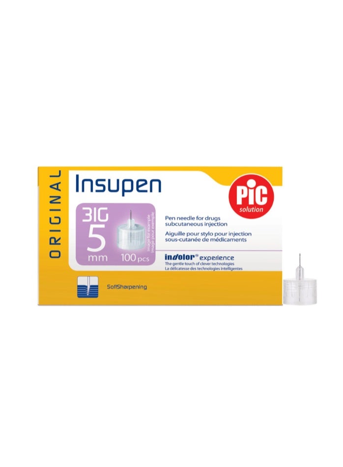 إبر إنسولين PIC Insupen، مقاس 31G × 5 مم (100 إبرة) - إبر قلم فائقة الدقة لرعاية مرضى السكري براحة تامة