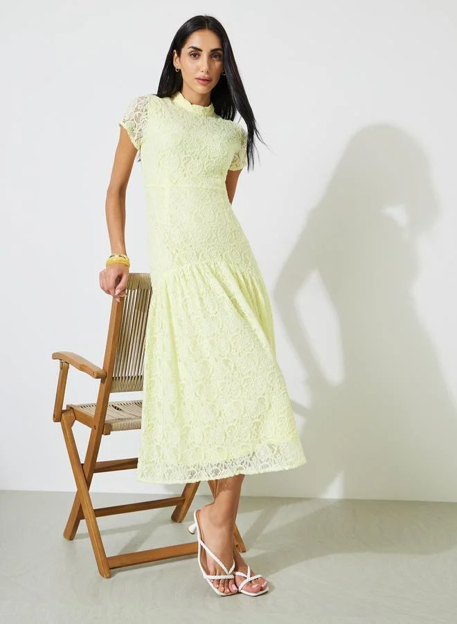 Styli Yellow Short Sleeves Lace A-Line Midi Dress